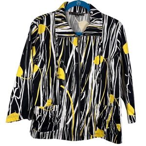 TONI MORGAN Women's Black‎ Yellow White Abstract Print Zip Up Jacket Size M
